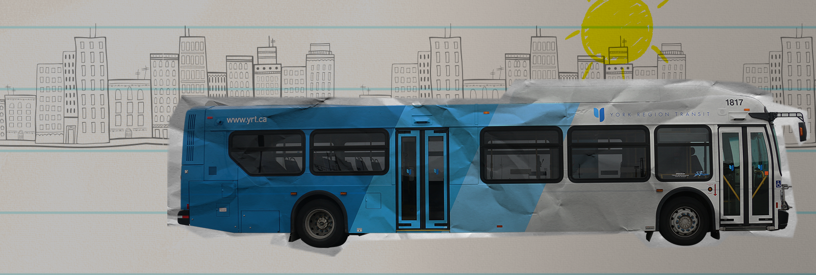 YRT bus and hand drawn buildings on lined paper